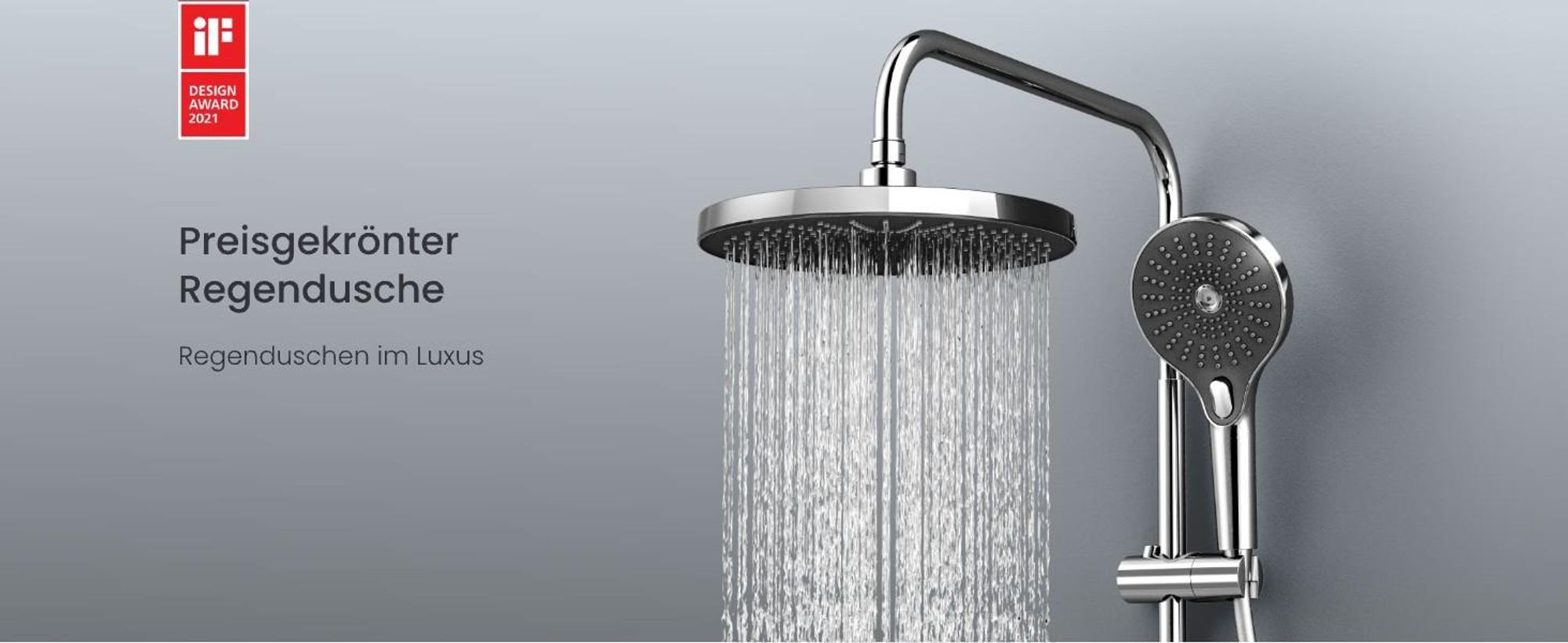 EMKE® Duschsystem mit Thermostat Chrom mit LED-Ambientebeleuchtung blau, Digitalanzeige, Regendusche 250mm, Badewannenauslauf & Glasablage F25