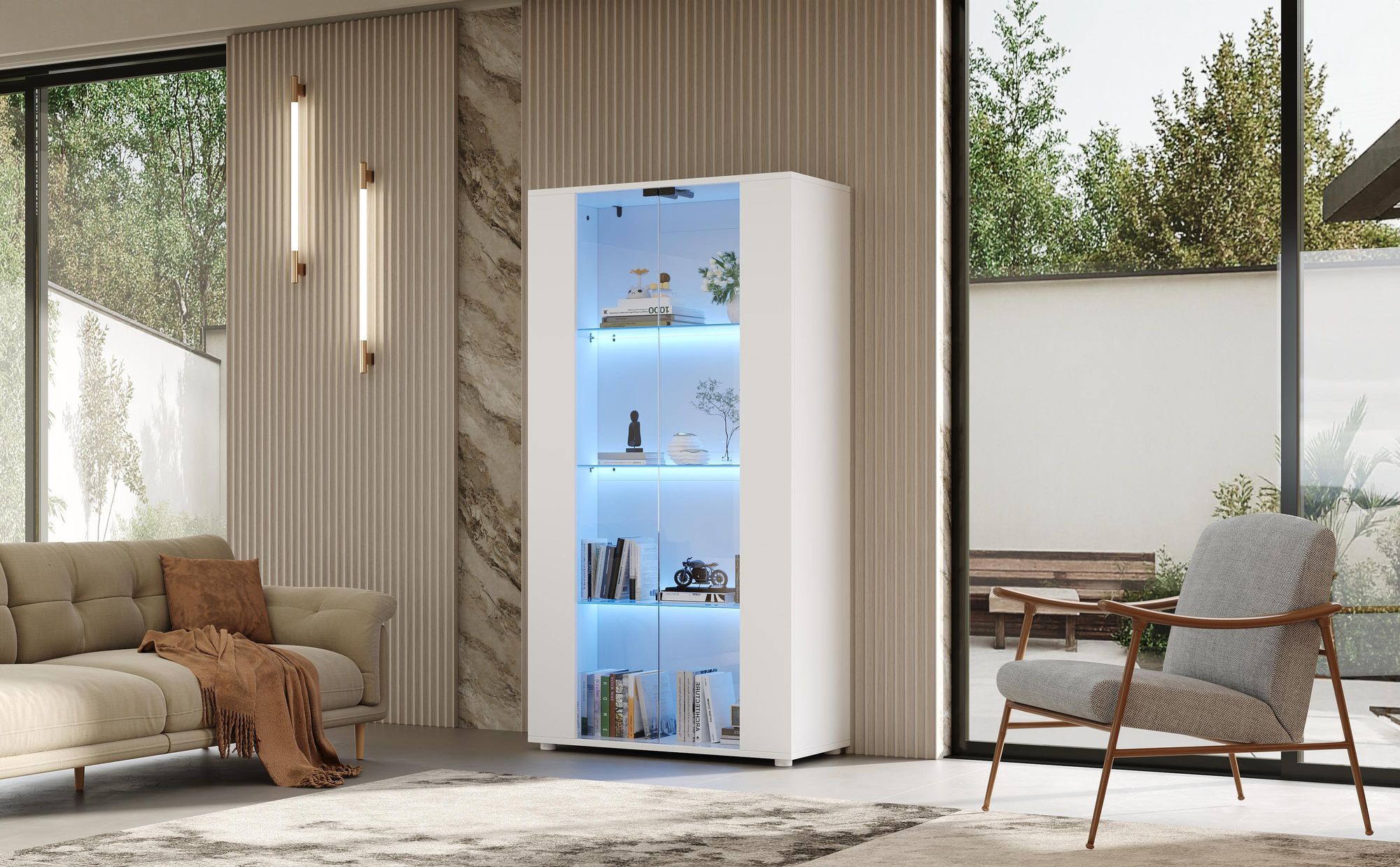 Merax Vitrinenschrank mit LED Beleuchtung, Glasvitrine mit 2 Glastüren und 4 Ablageflächen, Hochschrank für Wohnzimmer Esszimmer Büro, Weiß