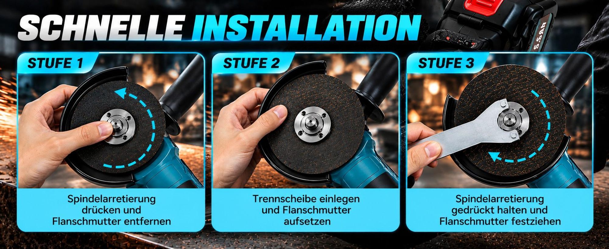 Akku-Winkelschleifer 125 mm, 21V Brushless, 11.000 U/min, 2×4,0Ah Akkus, stufenlos regelbar, zum Schneiden, Schleifen und Polieren, mit Koffer