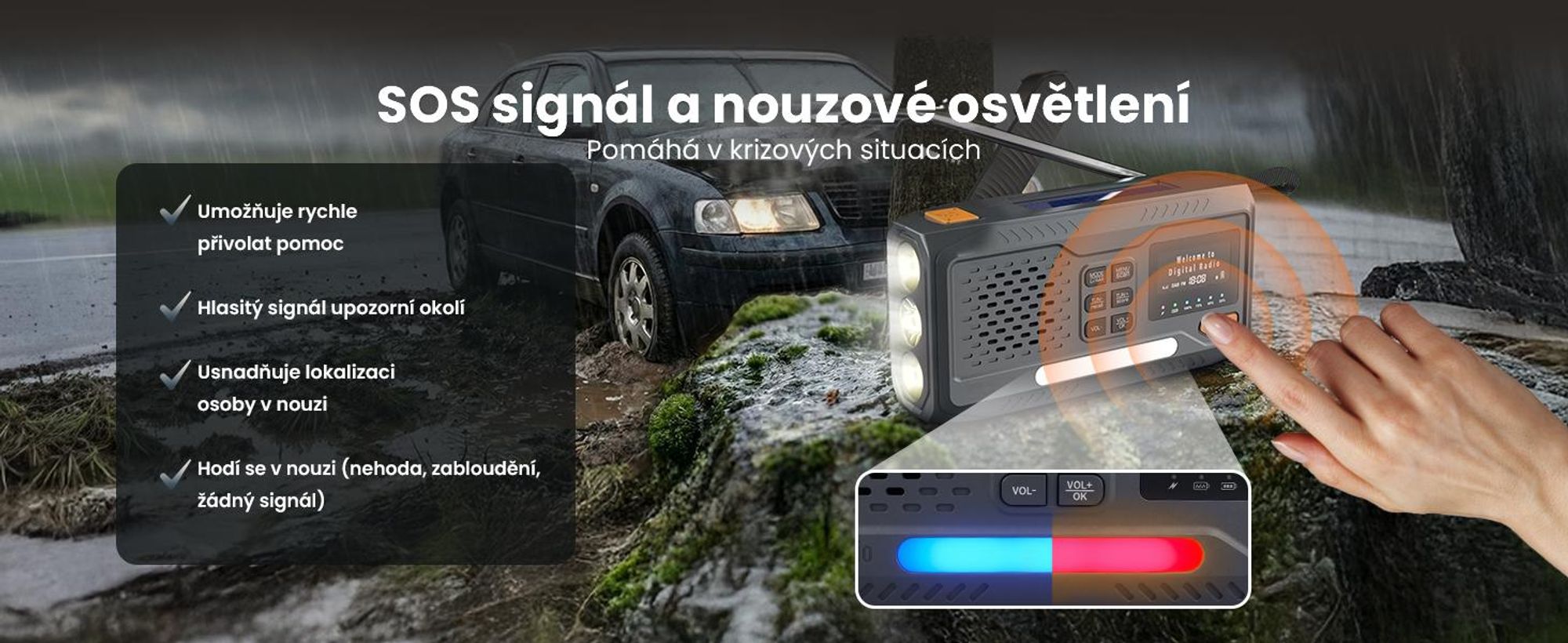 Přenosné rádio Extralink s digitálním rádiem DAB/FM, solární nabídkou, dynamo, baterií 4500 mAh, Bluetooth a funkcí SOS