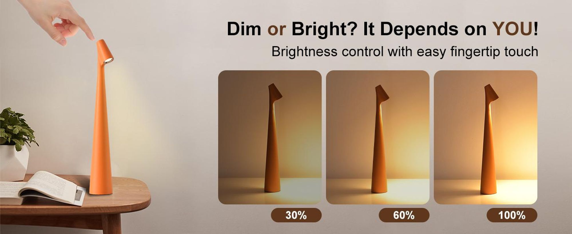 EOEO LED Tischlampe Kabellos Dimmbar Akku Lampe Mit Touch Control, Vaseform Tischleuchte USB Aufladbar 3000k-6000k Moderne Dekorative Ohne Kabel Nachttischlampe, Für Restaurant, Schlafzimmer,Orange