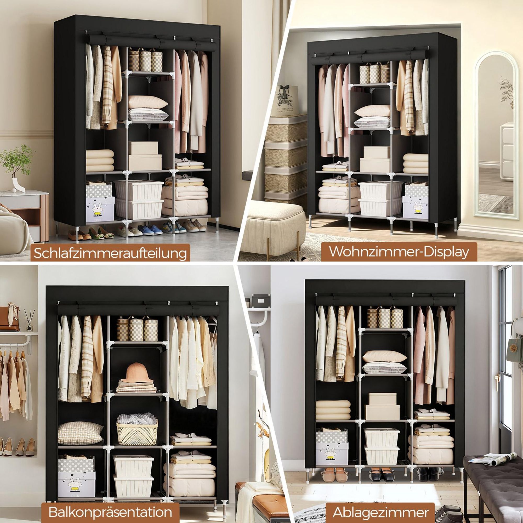 Kleiderschrank Stoff 130x170cm XL Faltschrank 8 Fächer 2 Kleiderstangen Schwarz