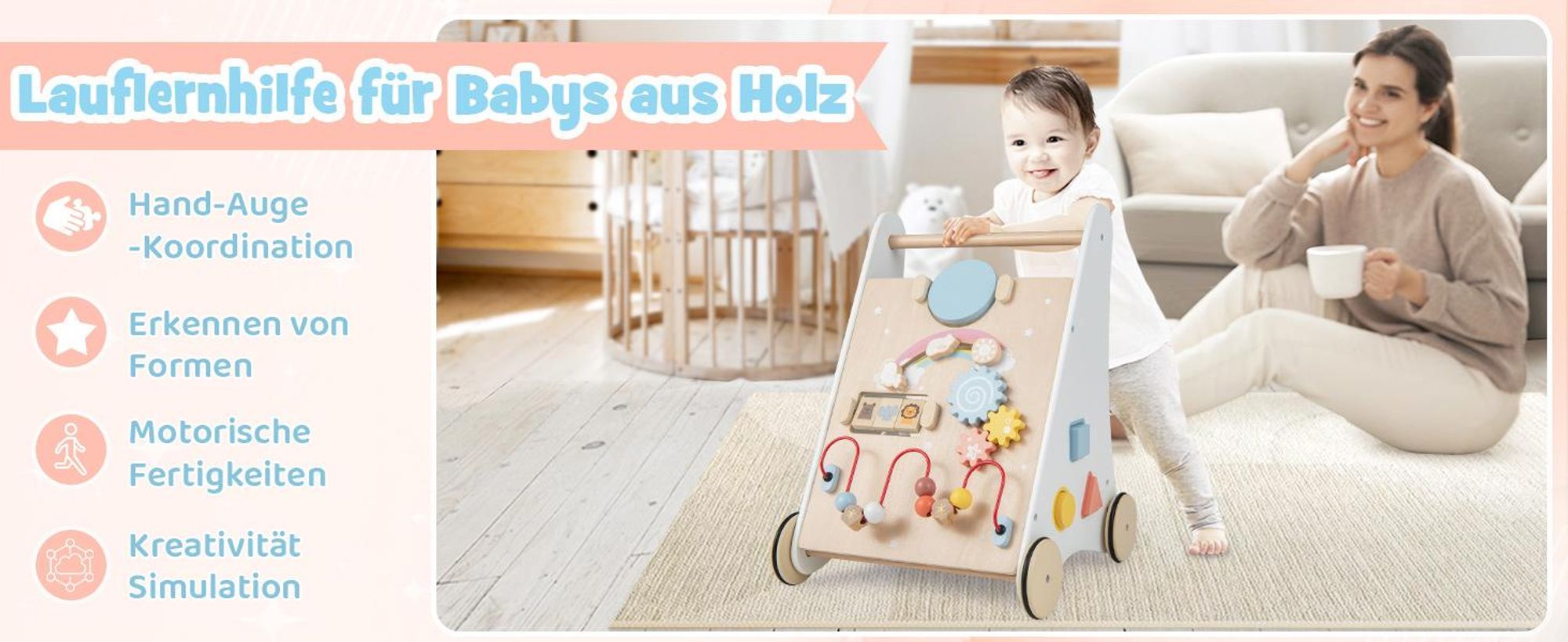Lauflernwagen Holz, 7-in-1 Lauflernhilfe ab 1 Jahr, mit Spiel- und Lernbereich