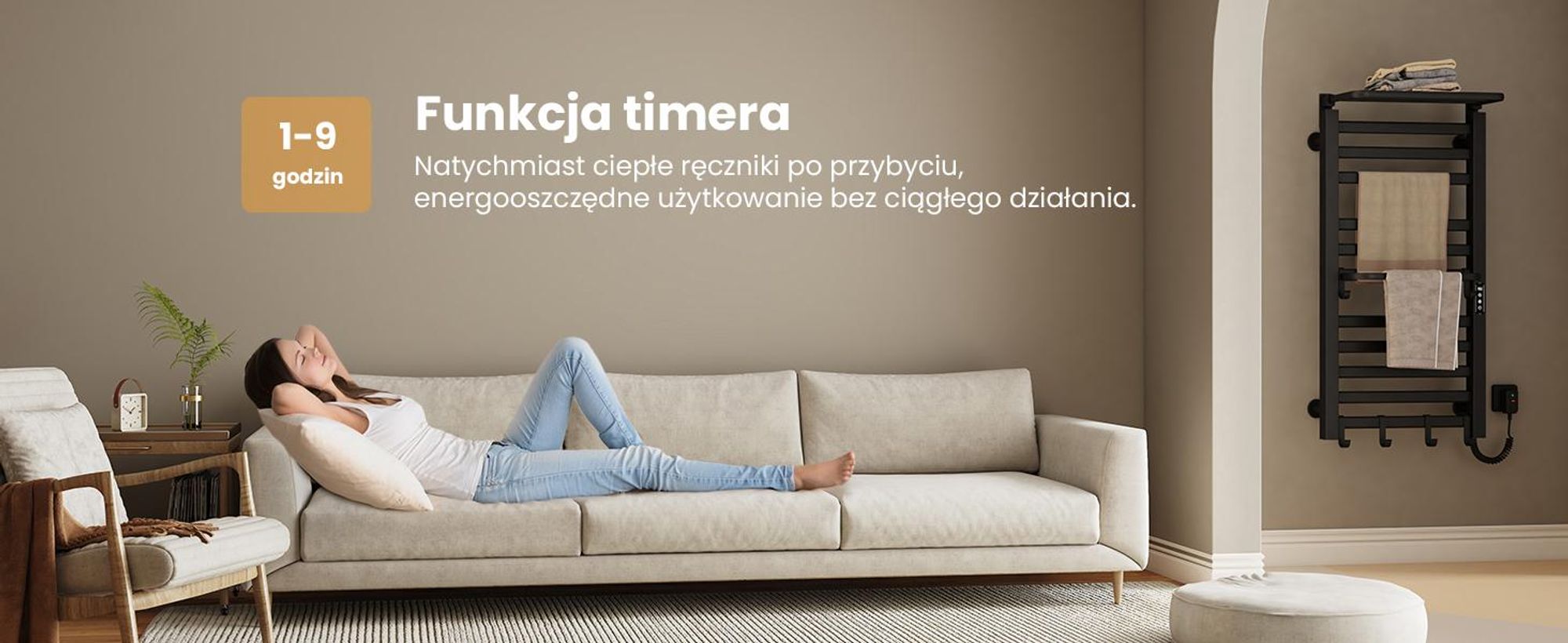 EMKE Grzejnik łazienkowy elektryczny 1000x500 mm, 280W, dwurzędowy, płaskie rurki, półka i haki, WiFi Tuya Alexa, czarny mat