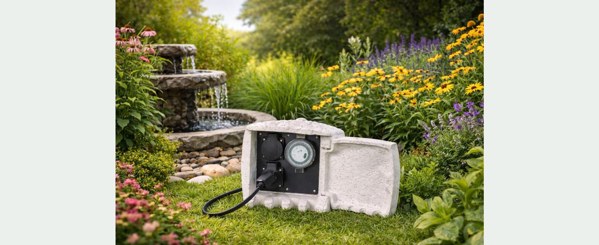 Das Bild zeigt eine Außensteckdose im Garten.