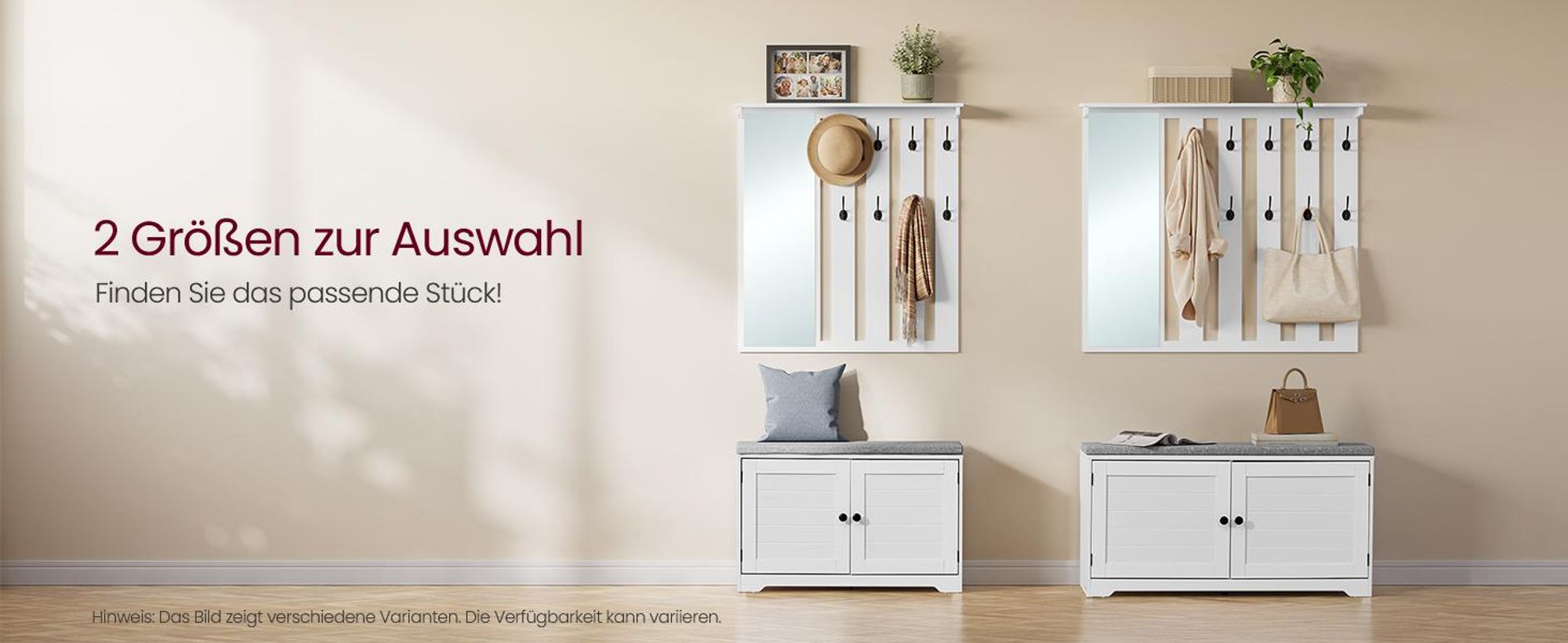 Schuhbank Wandgarderobe Set, Garderobe mit Spiegel, 8 Doppelhaken