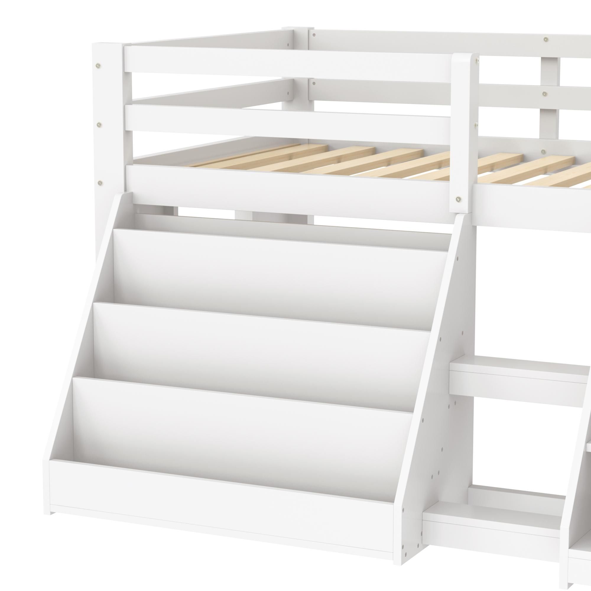 Flieks Kinderbett Hochbett 90x200cm mit 2 Regal, Etagenbett mit Led, Holzbett Einzelbett Stockbett mit Rausfallschutz und Lattenrost, Weiß