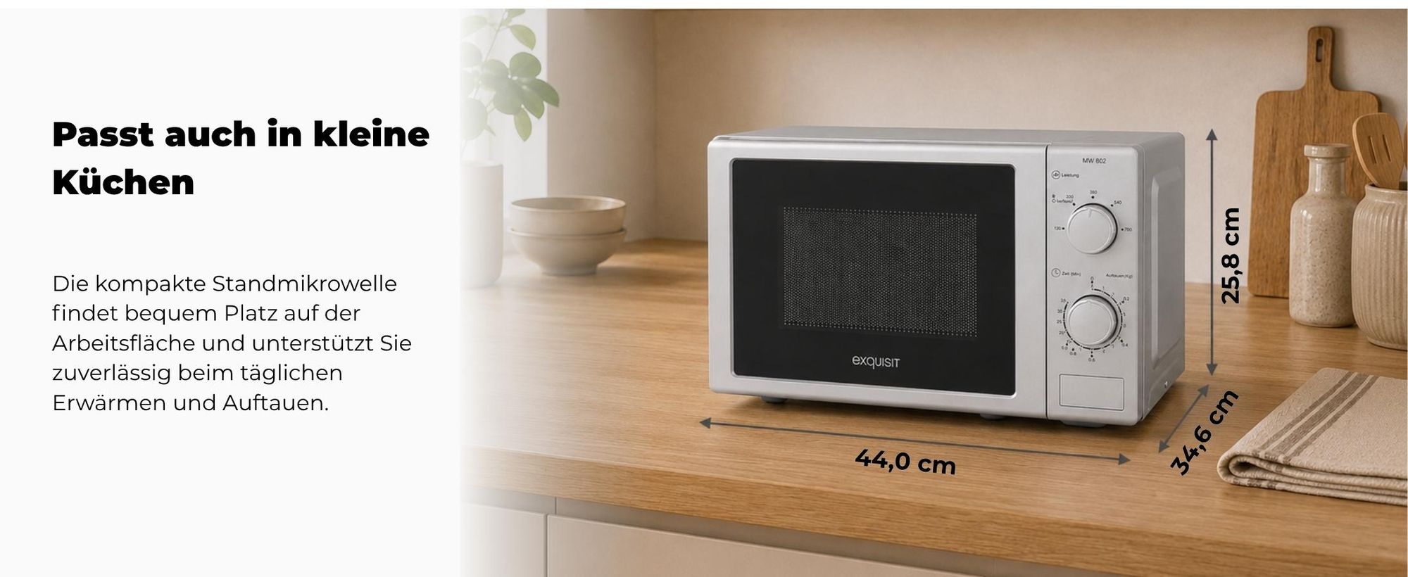 Exquisit Mikrowelle MW 802 Silber | 700 Watt | 5 Leistungsstufen | Timer Timer | Auftaufunktion | 25,5cm Ø Drehteller