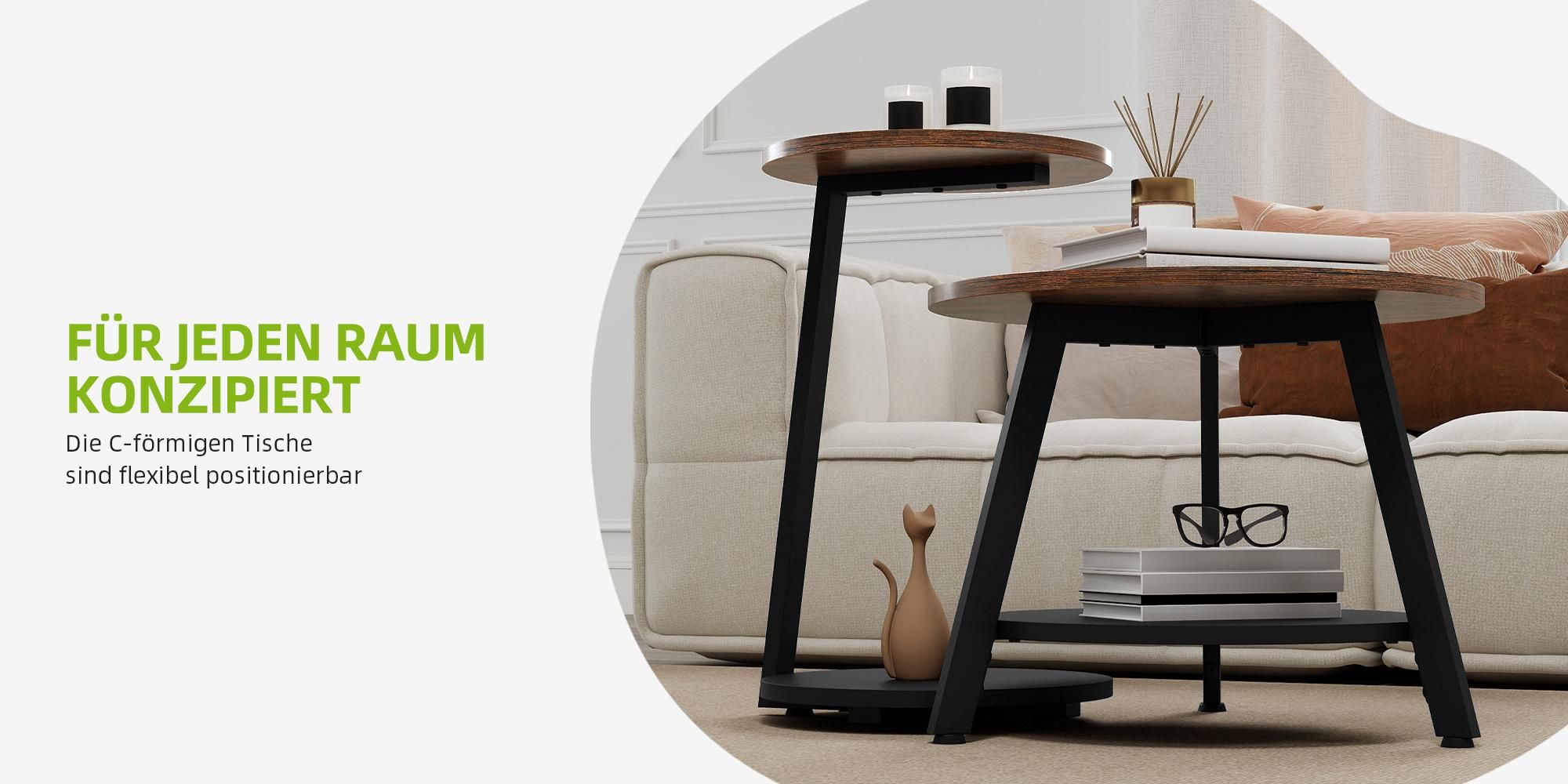YITAHOME Couchtisch 2er Set, Rund, Beistelltisch Kaffeetisch, Wohnzimmertisch, Satztisch 38 + 58 cm, Braun