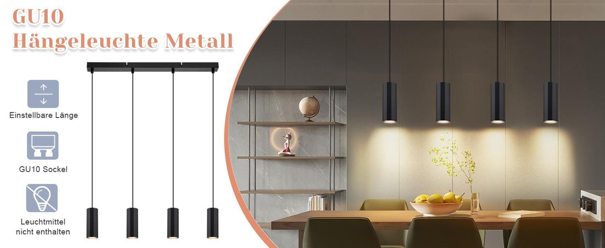 ZMH Hängelampe Esstisch Esszimmerlampe 4 Flammig Pendelleuchte Schwarz Metall Pendellampe GU10 Modern Hängeleuchte für Wohnzimmer Küche Schlafzimmer