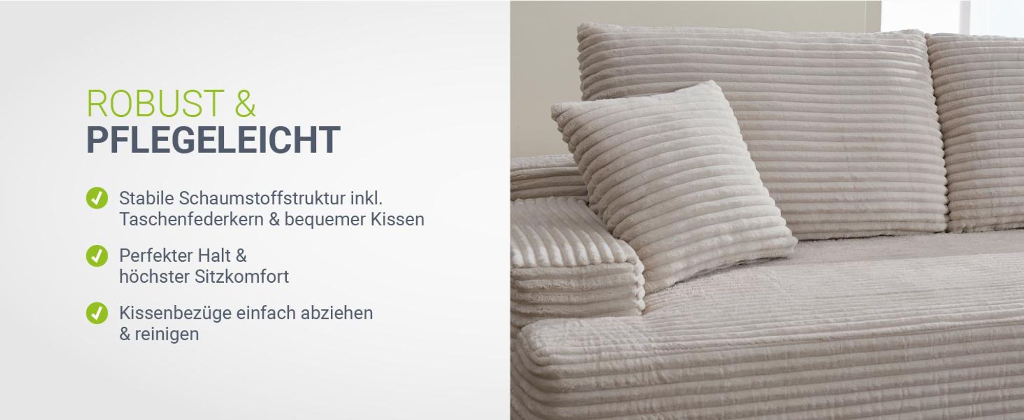 Juskys Sofa Coredo - Taupe, moderne Couch aus Cord mit Kissen, Ottomane rechts