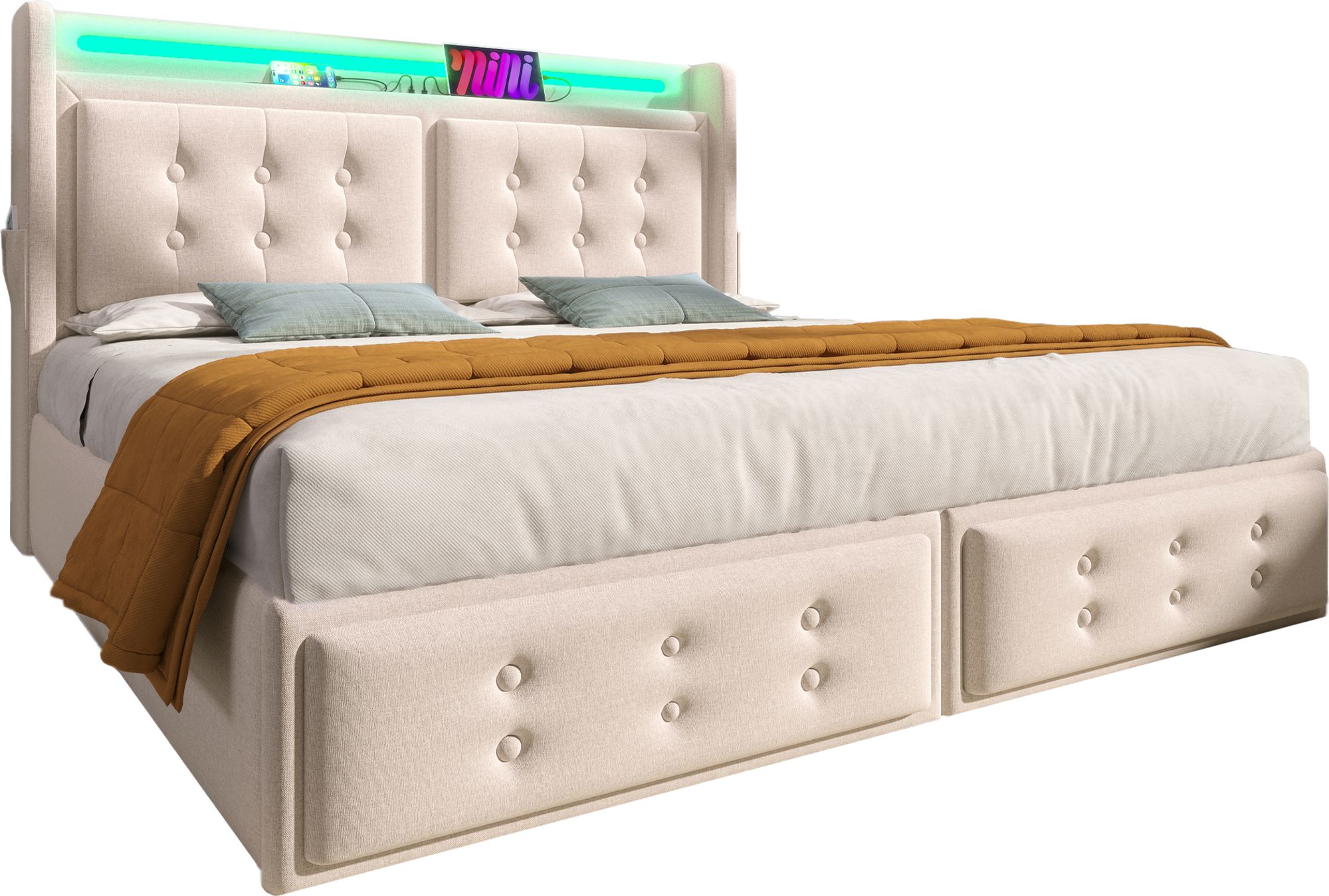 Flieks Polsterbett 160x200cm mit Ladefunktion, Doppelbett Jugendbett mit LED, Hydraulisches Stauraumbett Boxspringbett mit Lattenrost, Baumwolle Beige