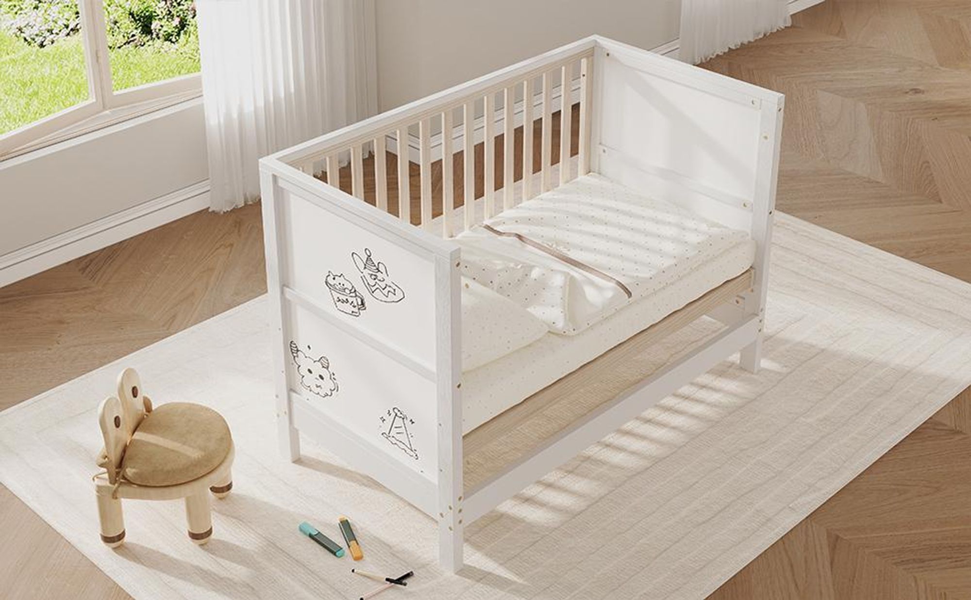 Merax Babybett 120 x 60 cm, Massivholz Kinderbett, 3-fach höhenverstellbar, umwandelbar zum Beistellbett/Kindercouch, bemalbare Tafeln, Natur + Weiß