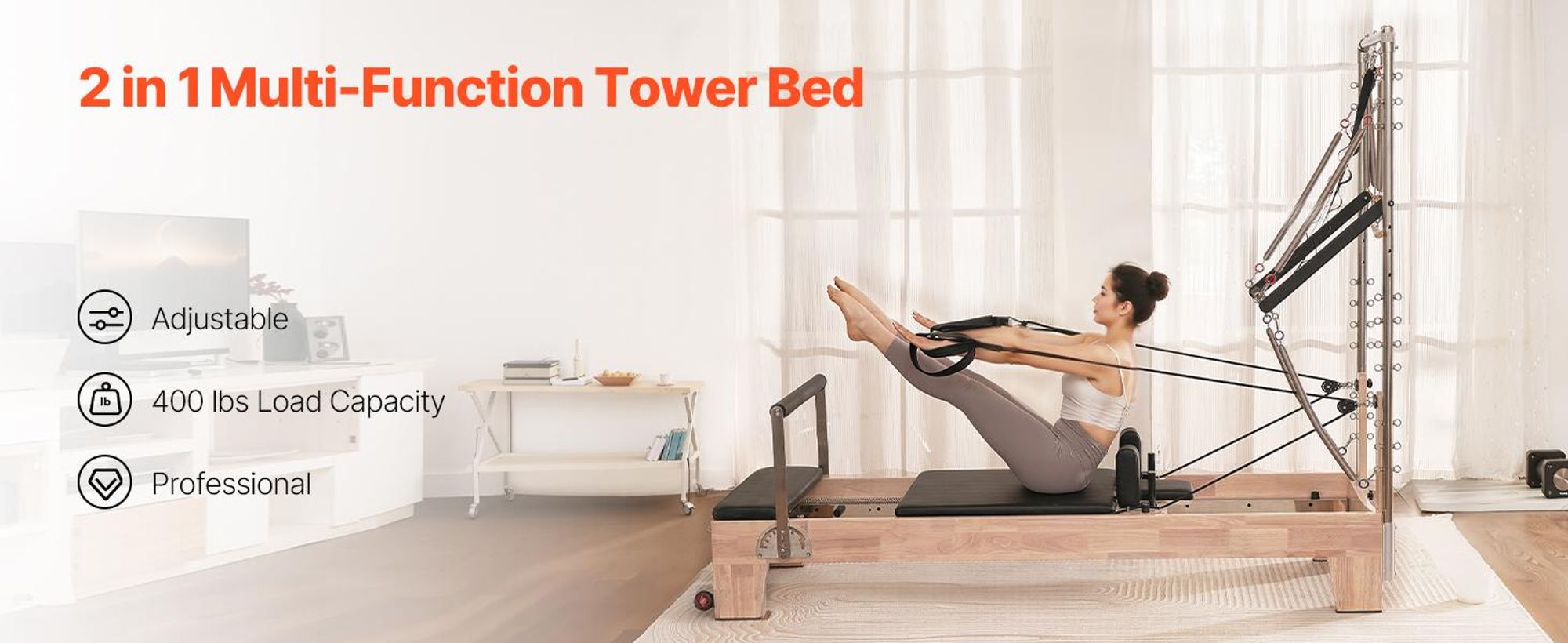 VEVOR Pilates Reformer, Gummibaumholz, für Fitnessstudios, mit doppeltem Widerstand, für Fortgeschrittene und Anfänger geeignet, Gewichtskapazität bis 181,44 kg