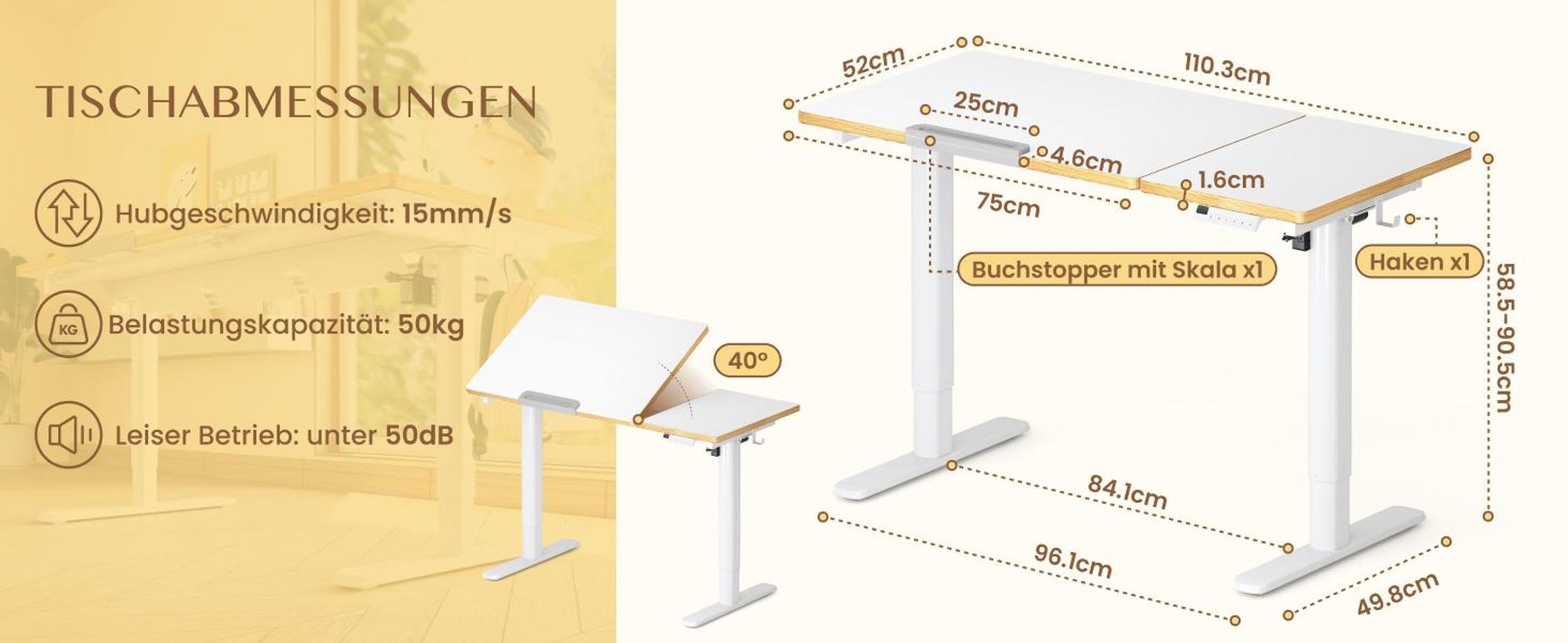 FLEXISPOT Kinderschreibtisch, Elektrisch höhenverstellbar mit neigbarer Tischplatte, LED-Höhenanzeige, 3 Speicherplätzen & Kindersicherung, 110×52 cm