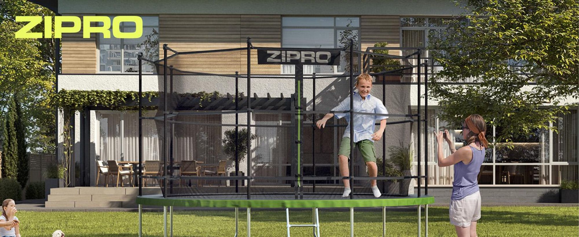 Trampolina ZIPRO Jump Pro IN | 12FT Ø 374 cm | Trampolina ogrodowa dla dzieci Kompletny zestaw zawierający siatkę wewnętrzną, drabinkę i osłonę krawędziową, do użytku na zewnątrz, kolor zielony