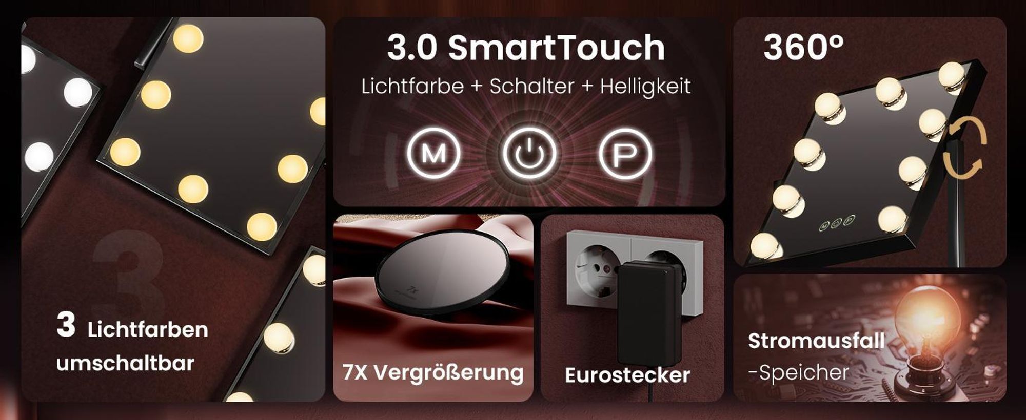 EMKE Hollywood Kosmetikspiegel 85x364x475mm mit 7x Vergrößerungsspiegel, Schwarz Schminkspiegel mit intelligent Touchscreen und 3 Lichtfarben, 12 Dimmer-LED-Leuchten, 360° drehbar und Memory-Funktion