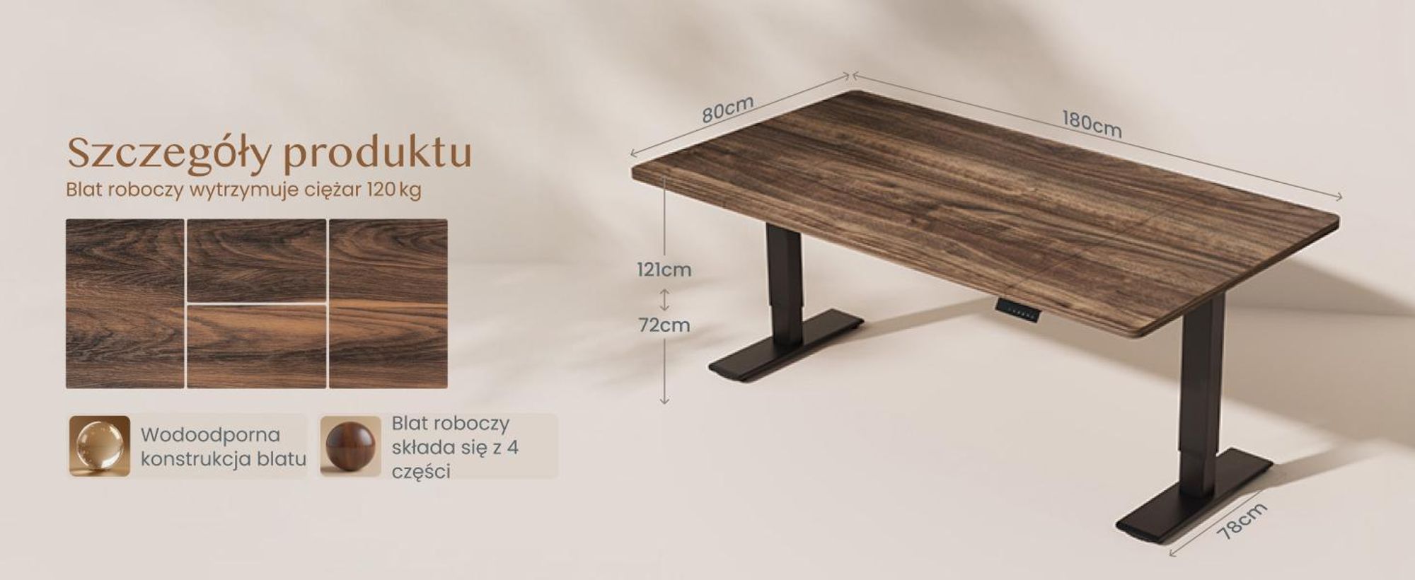 FLEXISPOT QB2 Biurko z regulacją wysokości Elektryczne 180x80cm, 2 MOCNE SILNIKI, nośność 120 kg, ochrona przed kolizją, 4 funkcje pamięci (brązowe)