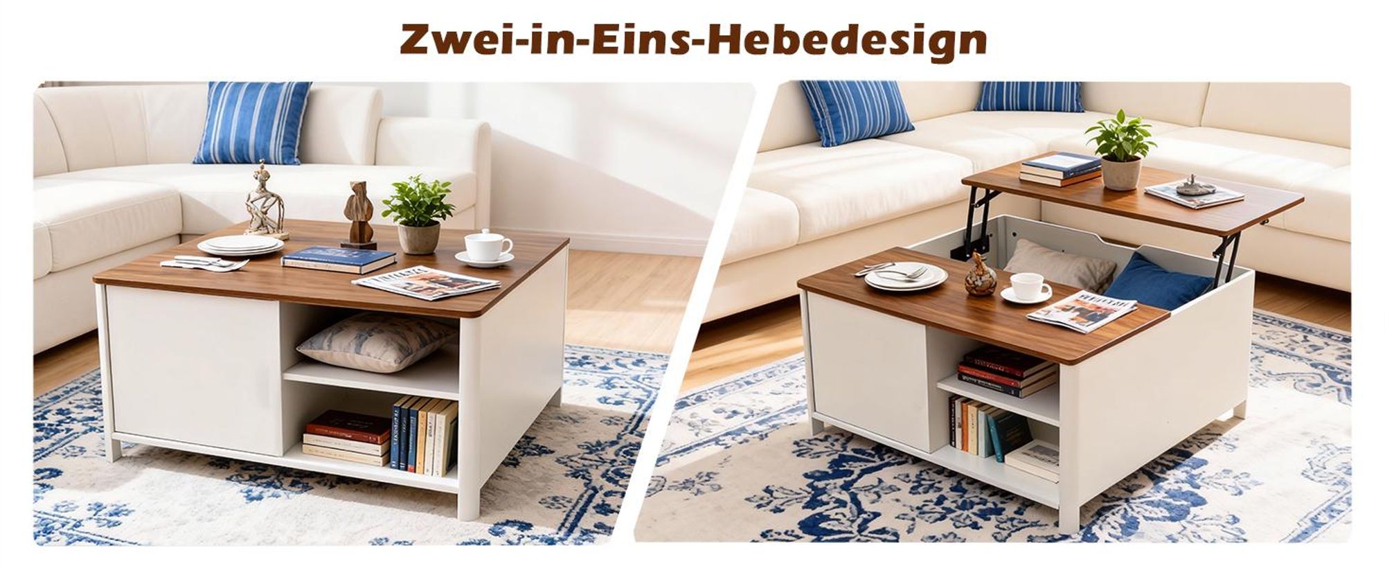 Puluomis Couchtisch mit Lift-Mechanismus, Multifunktionaler Esstisch Arbeitstisch mit Verstecktem Stauraum, Magnetischen Türen 80cm