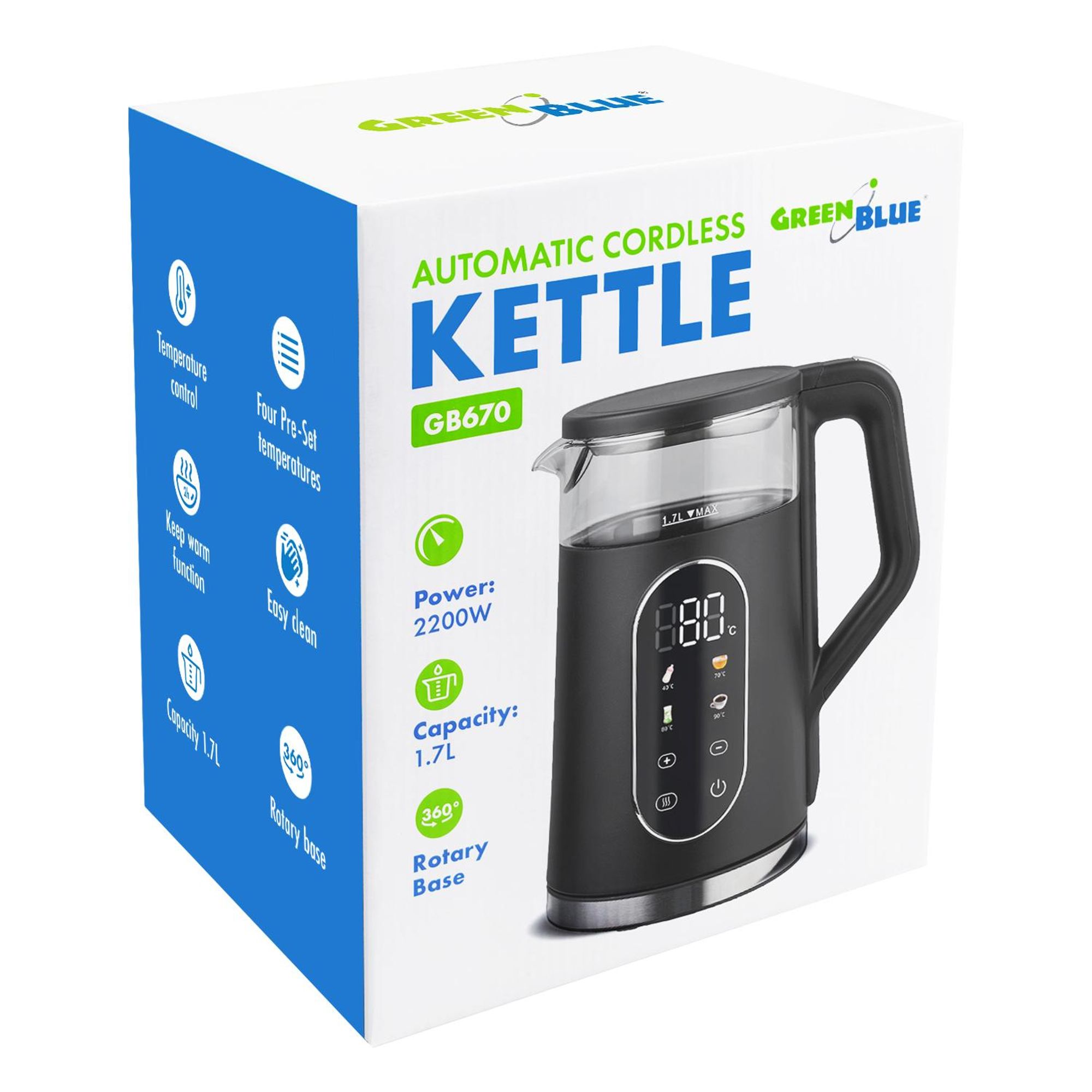 GreenBlue kabelloser Wasserkocher 1,7 l Fassungsvermögen Glasbehälter gut ablesbares Display Temperaturwahl 2200 W GB670 B