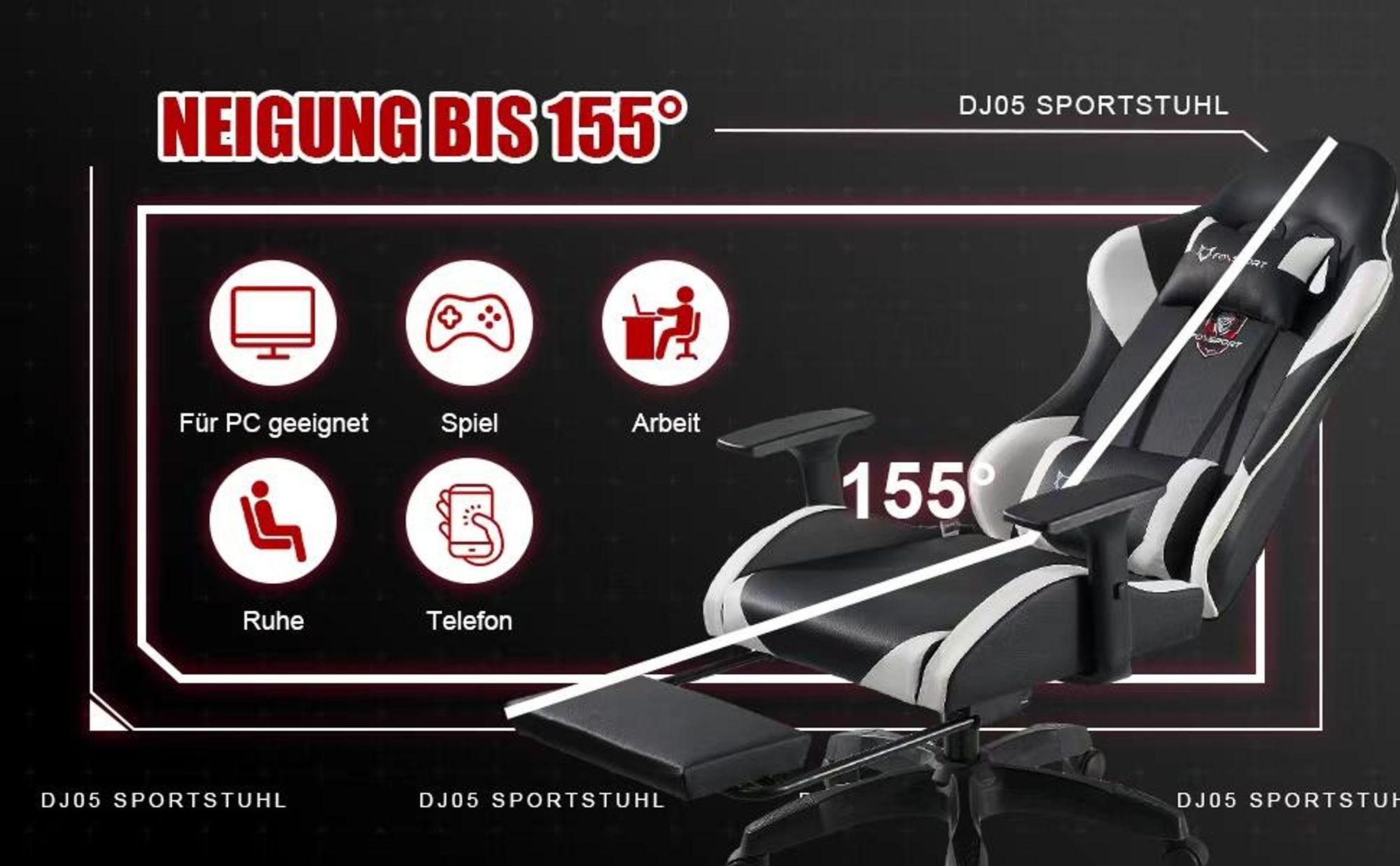 FOXSPORT Gaming Stuhl Bürostuhl Ergonomisch mit einklappbarer Fußstütze+Lendenkissen+ Kopfstütze+flexiblen Armlehnen Computerstuhl bis 150kg Schwarz