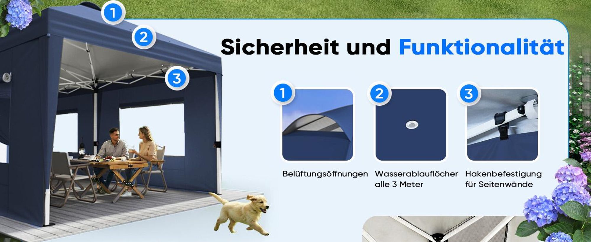 Quictent Pavillon 3x6m Faltpavillon EIN-Tasten-Zentralverriegelung,Wasserdicht UV-beständig, Gartenpavillon faltbar mit 6 Seitenwänden, Blau