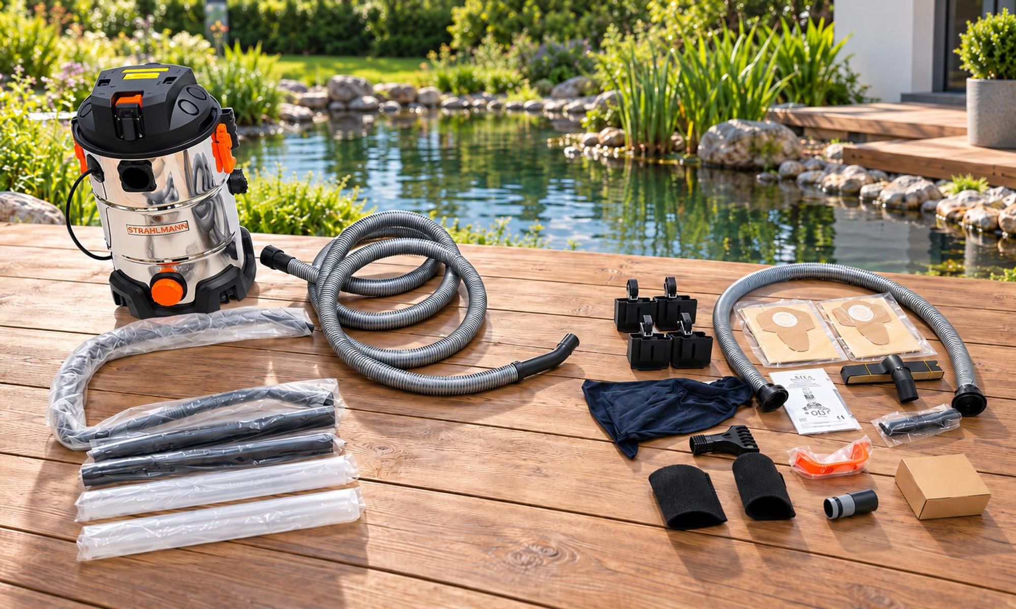 Strahlemann Teichsauger 1200 W mit 35 l Behälter, integrierter Pumpe und umfangreichem Zubehör