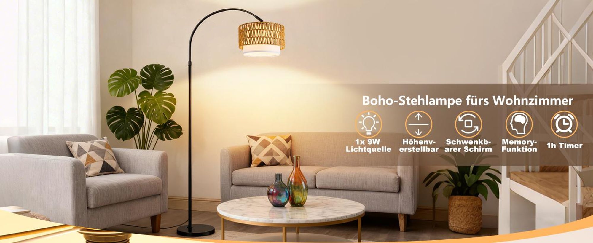 ZMH Lampa stojąca LED Boho Rattan Łukowa lampa do czytania ściemnialne oświetlenie stojące pilot E27 350° obrotowa do sypialni biura Czarna