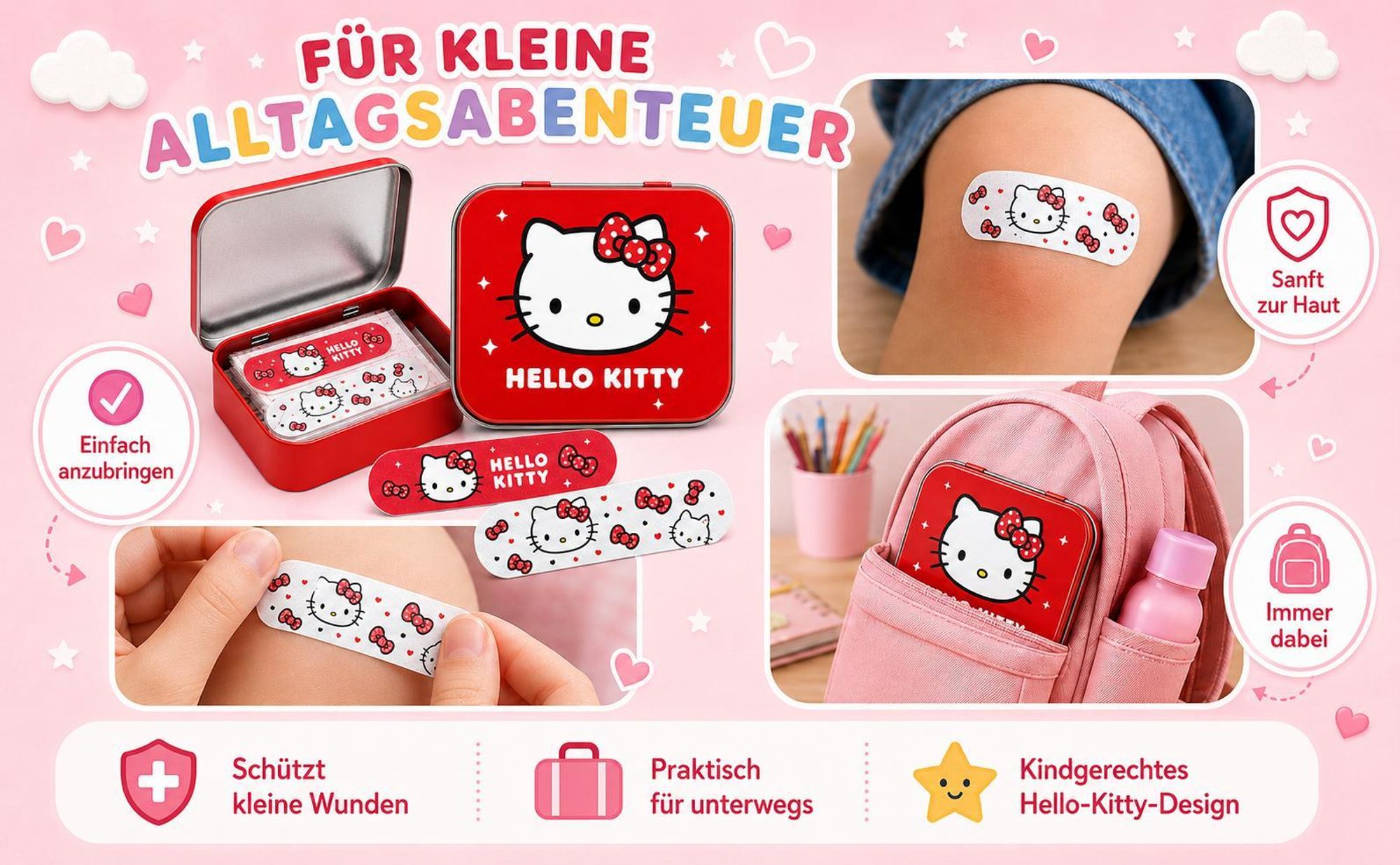Hello Kitty Rot Kinderpflaster Lizensiertes Produkt - Metall-Box - 24 Pflaster - Schönes Design Pflaster Aufbewahrungsbox für Kinder - 1 Box