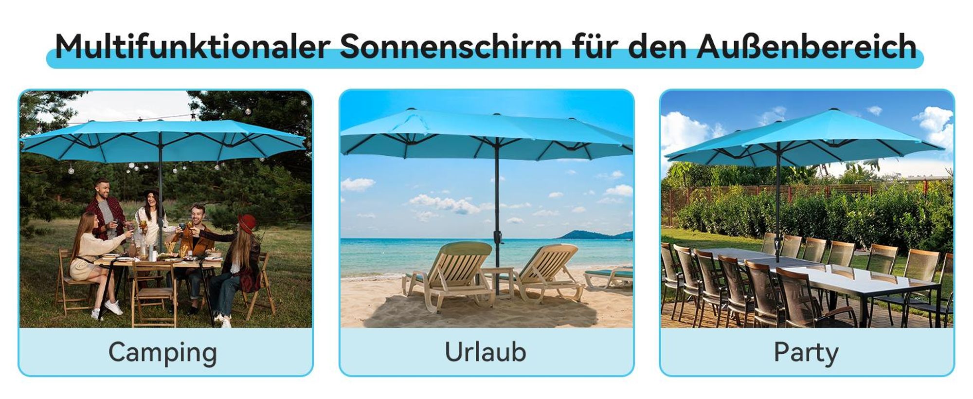 Puluomis Sonnenschirm 400 x 200 x238cm UPF 50+ mit Kurbel ohne Ständer Balkonschirm Strandschirm Marktschirm Gartenschirm Blau