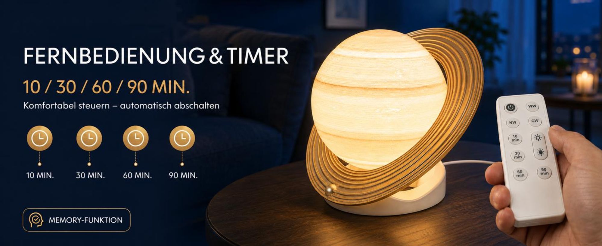 Tageslichtlampe 10000 Lux im Saturn-Design, UV-freie Vollspektrum-Lichttherapielampe, 3 Farbtemperaturen, stufenlos dimmbar, Timer, Fernbedienung,Gold