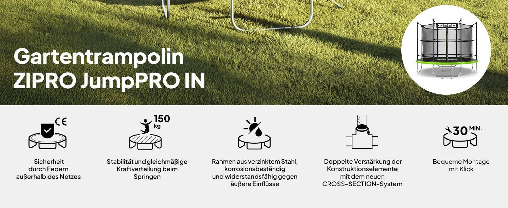 ZIPRO Trampolin Jump Pro IN | 8FT Ø 252 cm | Gartentrampolin Kindertrampolin Komplett-Set inkl. Innennetz, Leiter & Randabdeckung, Outdoor, Grün