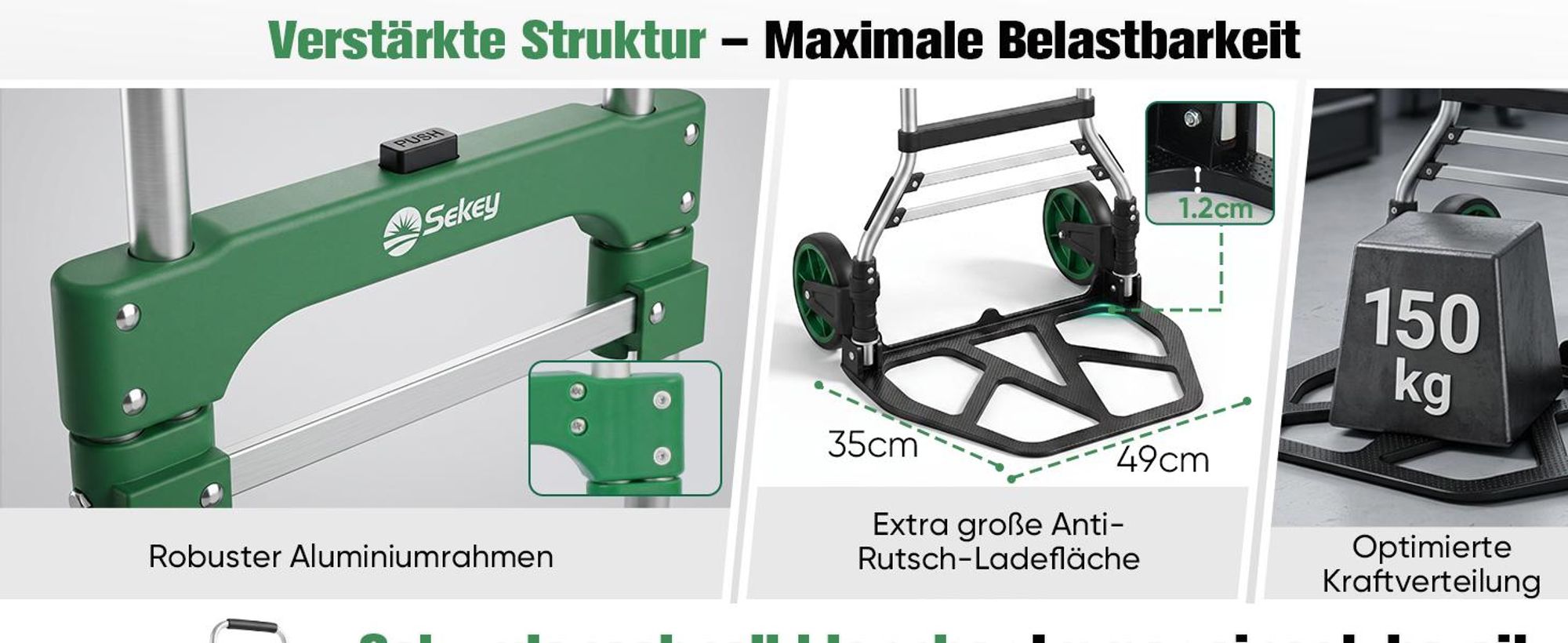 Sekey Sackkarre 150kg Klappbar Transportkarre XXL Anti-Rutsch Plattform 2 Expanderseile verstärkter Alurahmen höhenverstellbar 77/107cm stabil
