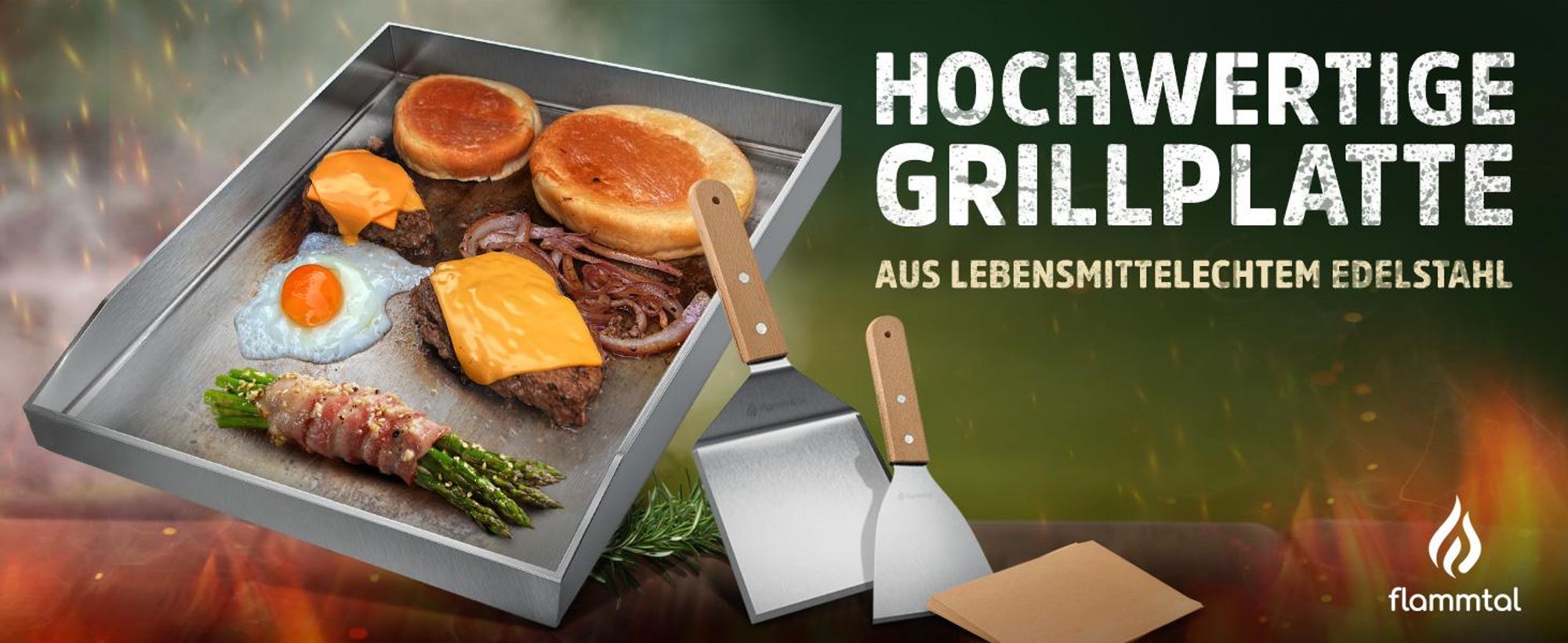 Flammtal [Das Original] – Grillplatte aus 4mm rostfreiem Edelstahl [40x30cm] – Plancha Grillplatte mit Grillspachtel Set & Burgerpapier (geschlossen)