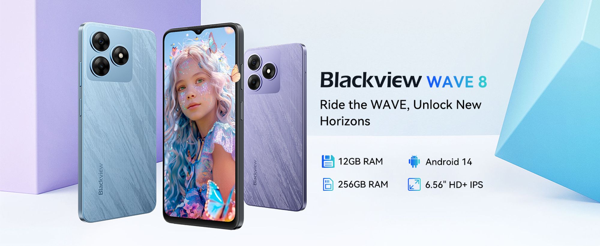 Telefon Blackview Wave 8 AI bez umowy, dwie karty SIM, wyświetlacz IPS HD+ 6,56", 12 GB pamięci RAM + 256 GB pamięci wewnętrznej, ośmiordzeniowy procesor, bateria 5000 mAh, aparaty 13 MP + 8 MP, Face ID, rozdzielczość 1080p FHD