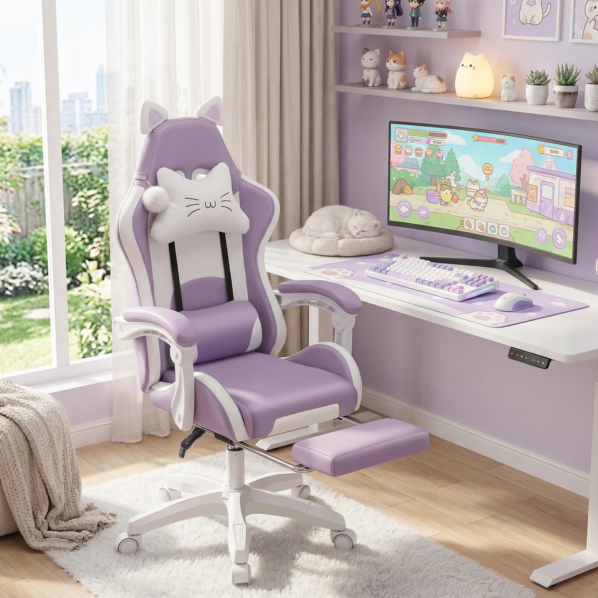 Gaming Stuhl mit Lendenwirbelstütze und Fußstütze 150kg, Bürostuhl Ergonomisch Schreibtischstuhl Racing Stuhl Computerstuhl Höhenverstellbar