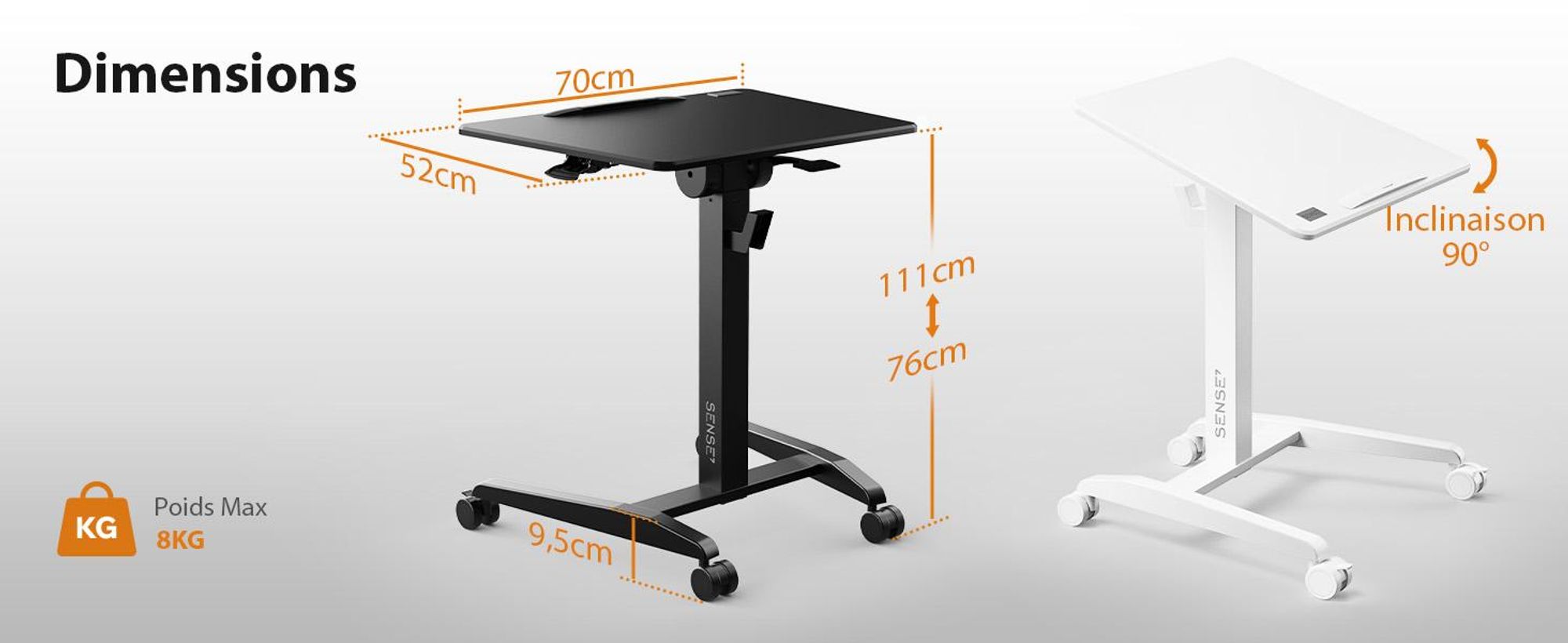 SENSE7 Bureau sur roulettes Bureau mobile Plateau basculant Réglable en hauteur Grand plan de travail Moderne et minimaliste 70 x 52cm blanc