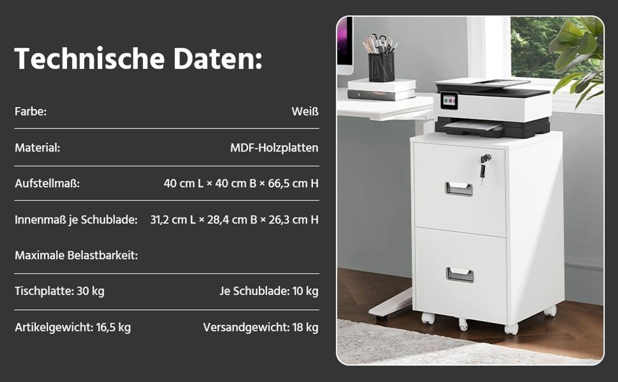 Yaheetech Rollcontainer Aktenschrank abschließbare Büroschrank mit Hängeregistratur und 2 Schubladen für Arbeitszimmer/Büro/Wohnzimmer
