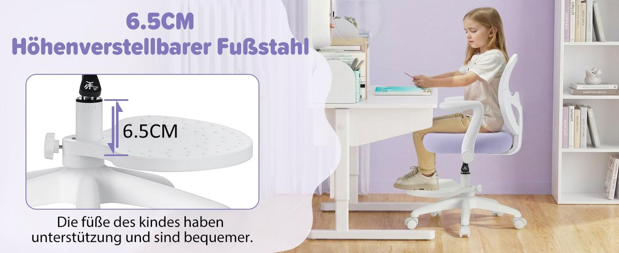 HOFFREE | Kinder Schreibtischstuhl Ergonomischer Kinderdrehstuhl | Fußablage | Höhenverstellbar | klappbaren Armlehnen | Lila