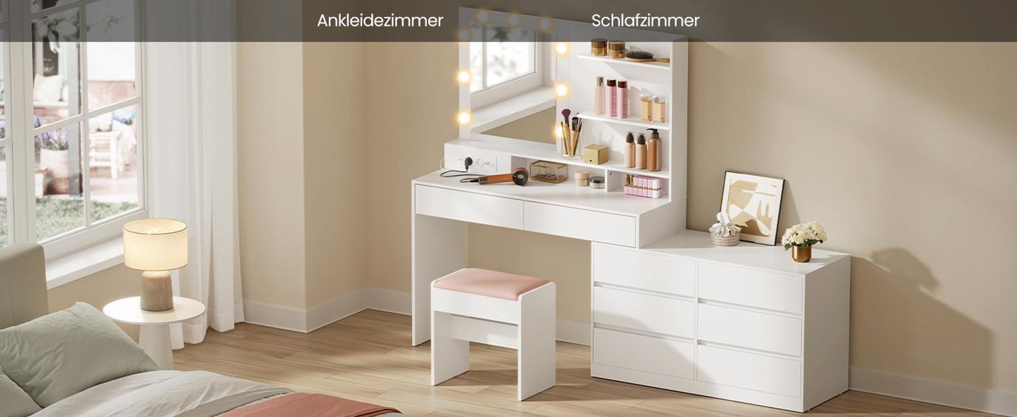 VASAGLE Schminktisch mit Kommode, gerade oder L-förmig, Frisiertisch mit Licht und Spiegel, einstellbare Lichtfarben, weiß