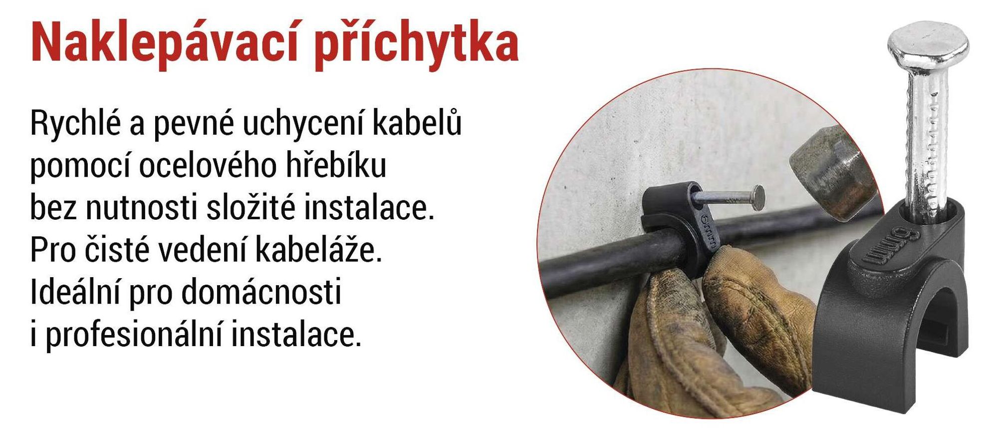 EMOS 50 ks kabelových příchytek s ocelovým hřebíkem, pro Ø 6 mm, pro venkovní použití, nerez, -40–80 °C, ochrana proti UV záření, černé, A2821