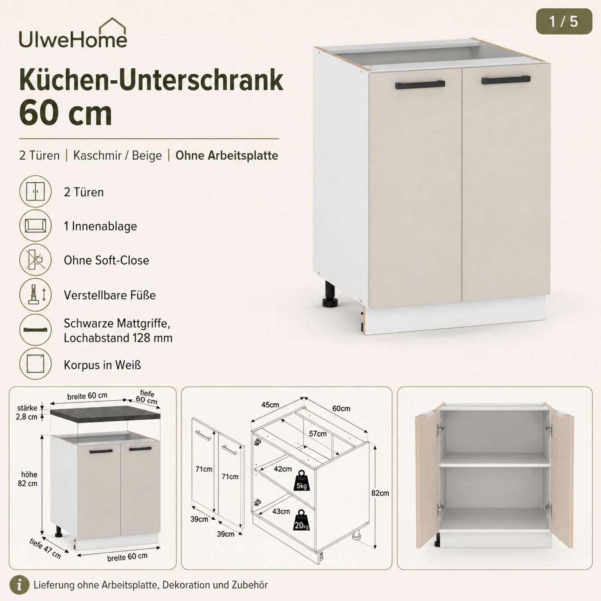 UlweHome Küchenunterschrank 60 cm Kaschmir Beige: 2 Türen, weißer Korpus & schwarze Griffe.