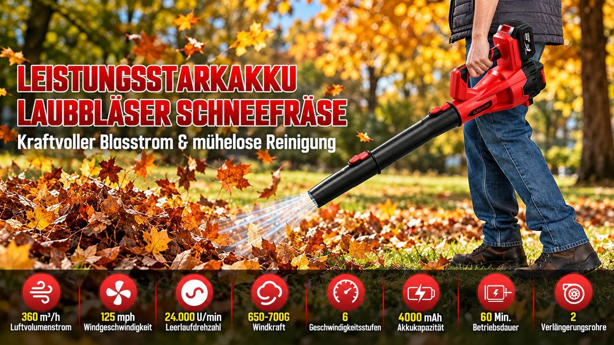 1000W Akku-Laubbläser 21V Brushless, 2×4,0Ah Akkus, 360 km/h, 6 Stufen mit Turbo,  kabelloser Laubbläser mit 2 Rohren