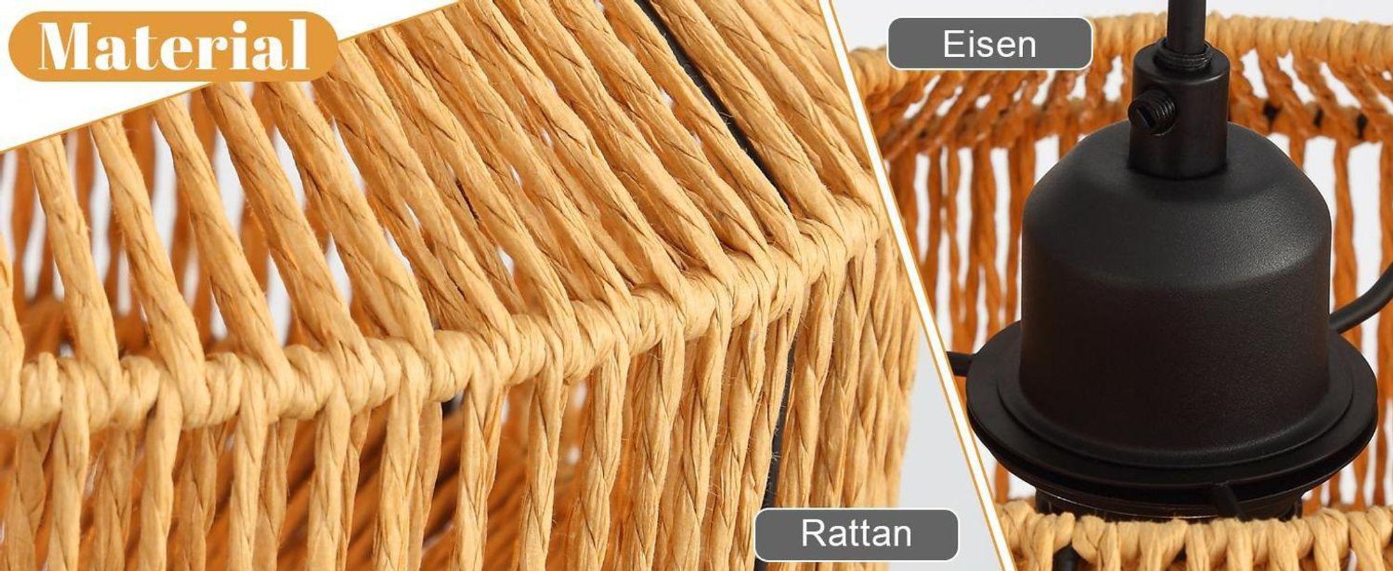 Lámpara colgante ZMH estilo bohemio, lámpara de ratán, regulable en altura, ideal para el comedor, con 3 luces, lámpara de mesa retro con casquillo E27