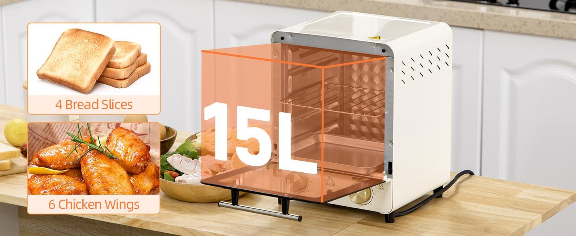 HOMCOM Mini piekarnik 15 l, piekarnik do pizzy 1000 W, elektryczny mini piekarnik, kolor kremowo-biały