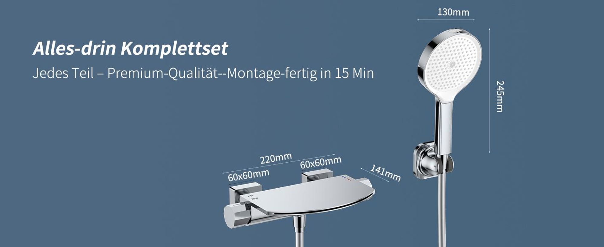 Homelody Brausebatterie-Set, Brausebatterie mit Handbrause & Ablage, Badewannenarmatur aus Messing Brausehalter und Brauseschlauch inkl. Verchromt