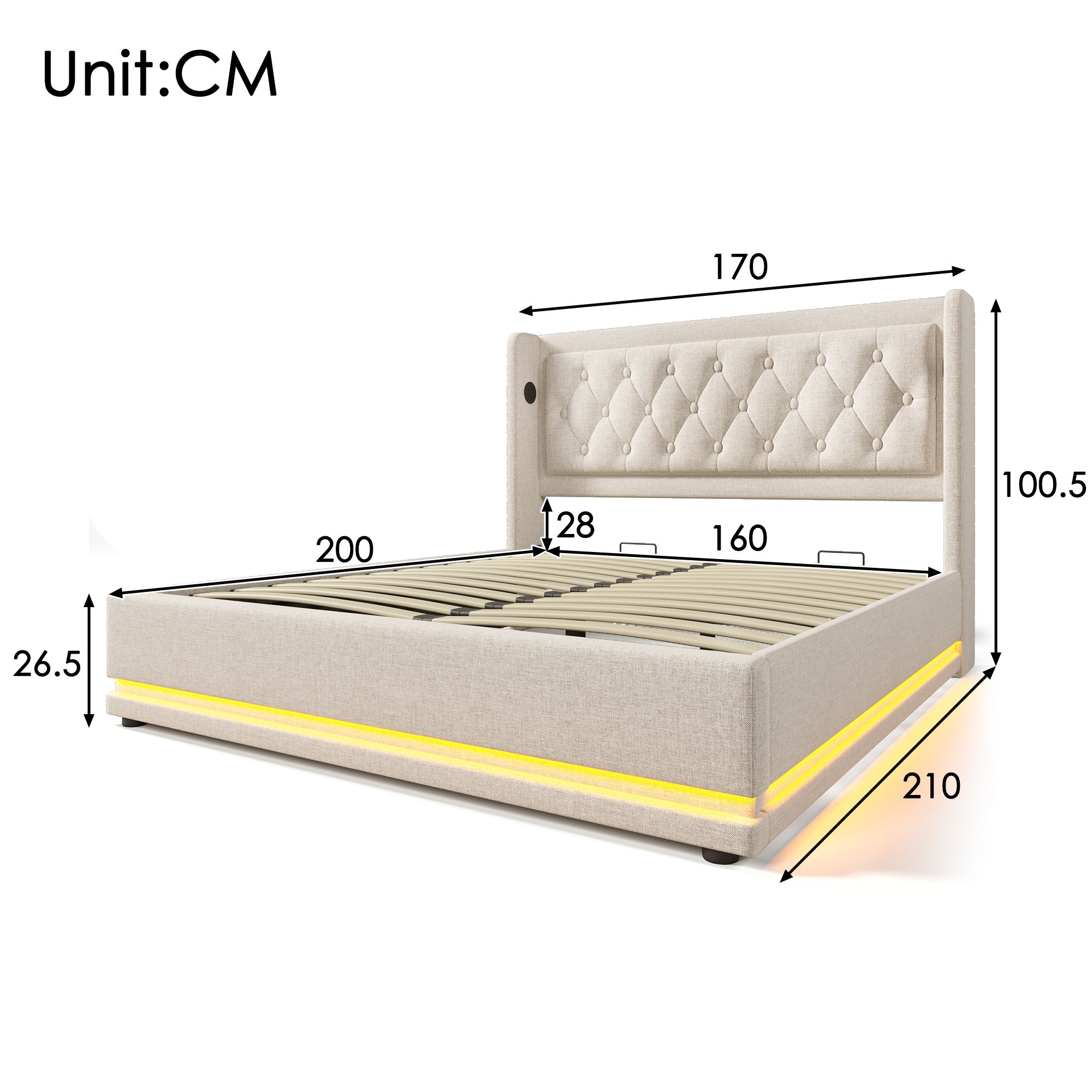 Flieks Polsterbett 160x200cm mit USB & Typ-C, Doppelbett Jugendbett mit LED, Hydraulisches Stauraumbett Boxspringbett mit Lattenrost, Baumwolle, Beige