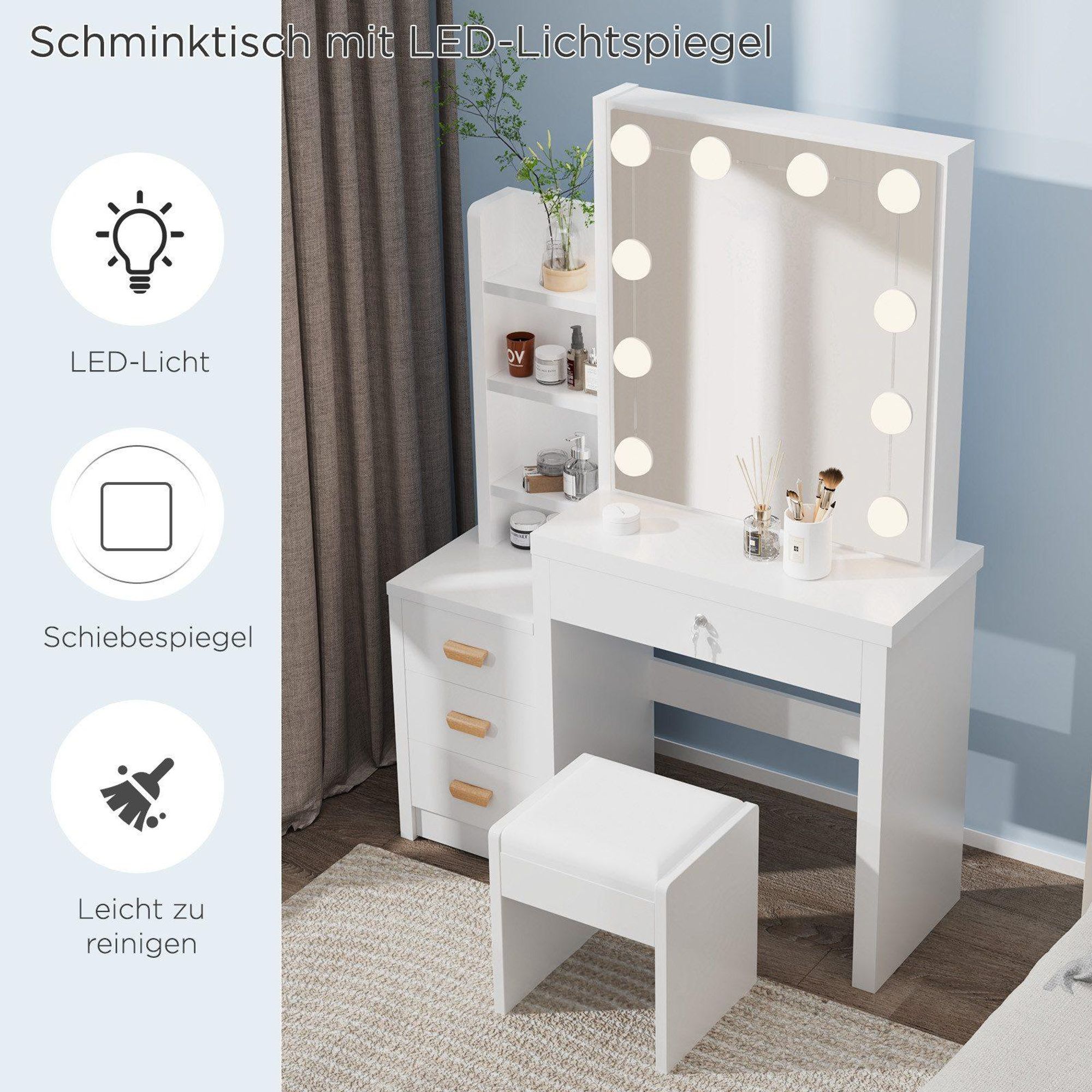 Dieser Schminktisch bietet oben 4 offene Fächer für Make-up