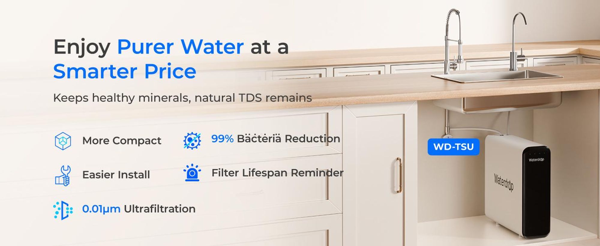 Waterdrop TSU 0,01 μm Ultra Filtrations Untertisch-Wasserfiltersystem, 3-stufige Untertisch-Wasserfiltration mit hoher Kapazität und Wasserhahn