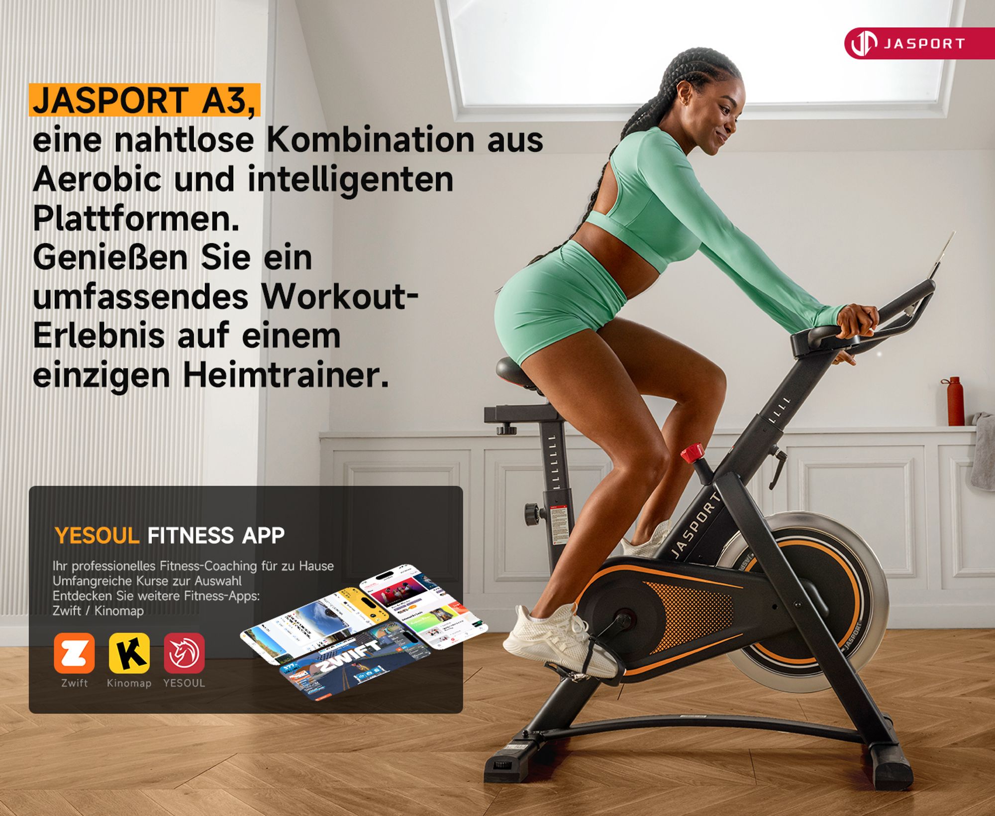 JASPORT A3 Leises Heimtrainer Fahrrad, LED-Monitor, Bluetooth & App, verstellbarer Sitz & Widerstand, Tablet-Halter, bis 120 kg, Fitnessbike Zuhause
